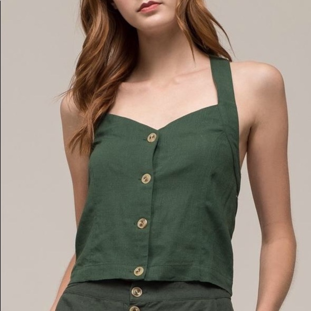 Moon River Green Linen Halter Blouse